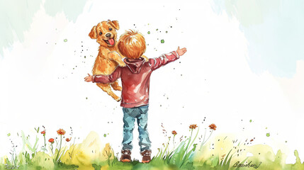 Little boy playing with good dog on light background.  Watercolor illustration