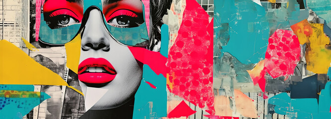 Modern Pop art collage. Beauty woman head panorama