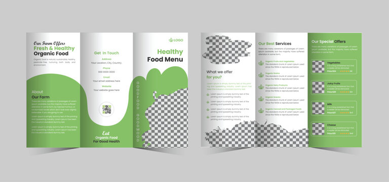 Eco food trifold brochure template or organic food menu trifold brochure template