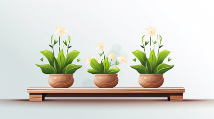 Natural  banner with spring plants. Flower pots on wooden shelf.