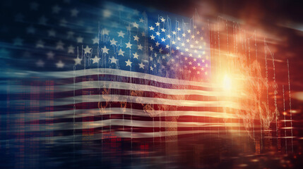 Abstract virtual financial graph hologram on USA flag and sunset sky background, forex and investment concept. Multiexposure.  - obrazy, fototapety, plakaty