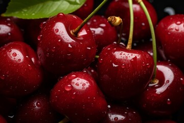 Red cherries with water droplets. Concept of organic healthy food and non-GMO fruits.
