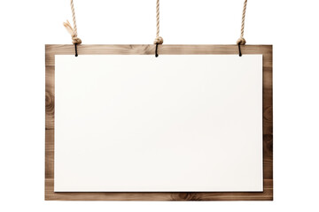 Empty wooden signboard hanging with rope, perfect for custom messages and signs, isolated on a transparent background with PNG clip art format