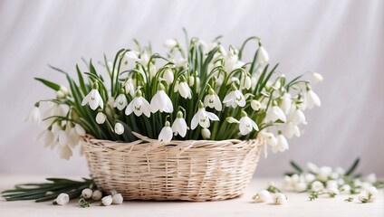 Basket of white flowers snowdrops on a white spring background