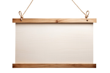 Empty wooden signboard hanging with rope, perfect for custom messages and signs, isolated on a transparent background with PNG clip art format