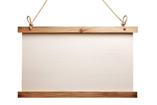 Empty wooden signboard hanging with rope, perfect for custom messages and signs, isolated on a transparent background with PNG clip art format