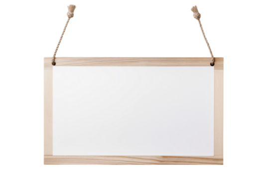Empty wooden signboard hanging with rope, perfect for custom messages and signs, isolated on a transparent background with PNG clip art format