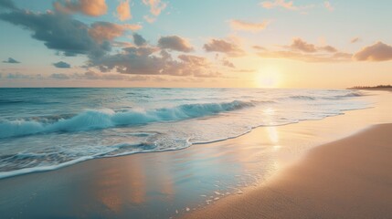 Serene beach sunrise with gentle waves and golden sky - perfect for travel, nature, or background imagery. - Powered by Adobe