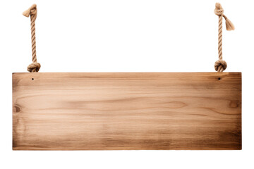 Empty wooden signboard hanging with rope, perfect for custom messages and signs, isolated on a transparent background with PNG clip art format