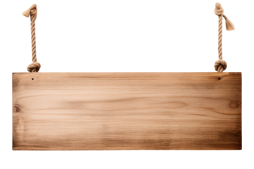 Empty wooden signboard hanging with rope, perfect for custom messages and signs, isolated on a transparent background with PNG clip art format