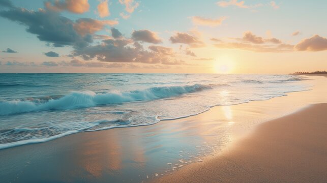 Serene beach sunrise with gentle waves and golden sky - perfect for travel, nature, or background imagery.