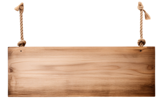 Empty wooden signboard hanging with rope, perfect for custom messages and signs, isolated on a transparent background with PNG clip art format