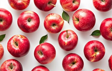 Many red apples on white background, top view. Autumn pattern with fresh healthy food