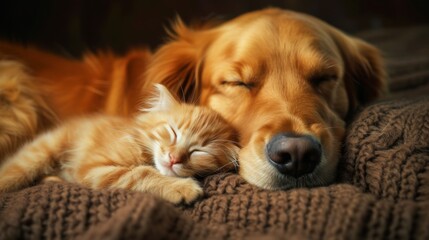 A heartwarming scene capturing a golden retriever dog and cat peacefully sleeping and cuddling together, showcasing the adorable companionship between different animal species