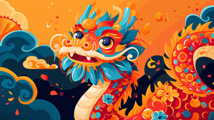 Fototapeta na wymiar Chinese new year flat drawing with a cute and funny Chinese dragon with rich and vibrant red color palette , exaggerated expression