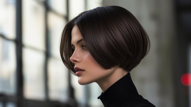 A chic asymmetrical bob hairstyle with razor-sharp angles, subtle layers, and a glossy finish, embodying modern sophistication.
