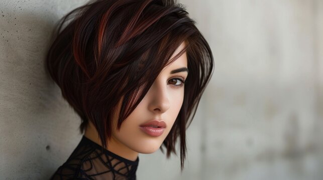 A chic asymmetrical bob hairstyle with razor-sharp angles, subtle layers, and a glossy finish, embodying modern sophistication.