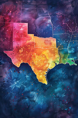 US Texas state highlighted on the abstract map of USA. In style of watercolor with rough bold brushstrokes, smudge and spatter