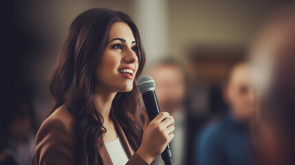 A businesswoman with a microphone giving a speech