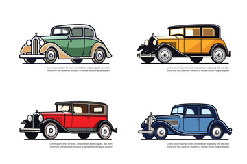 Naklejka premium Four different vintage car icon set, vector illustration.