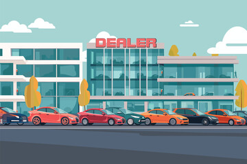 Vector illustration of car dealership building with colorful cars., Generative AI usage. - obrazy, fototapety, plakaty