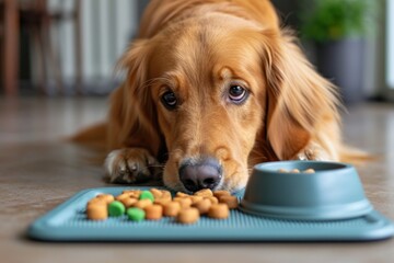 Dog at the food mat: pet on vacation