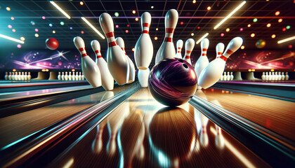Dynamic view of a bowling ball striking pins at a bowling alley, with vibrant lights and a sense of motion. Sports concept. AI generated.