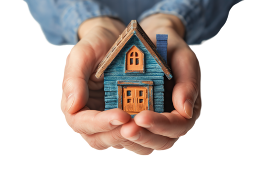 man holding a small model house, symbolizing real estate concepts such as buying, selling, construction, and investment