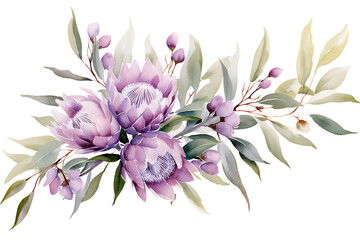 Watercolor Floral Illustration: Purple Flowers and Eucalyptus Greenery Bouquet Frame - obrazy, fototapety, plakaty