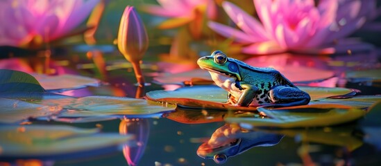 Leap into Serenity: Frog on a Lily Pad, Mesmerizing Lily Pad Landscape, Tranquil Reflections of Frog on a Lily Pad - obrazy, fototapety, plakaty