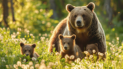 Mother Brown Bear with Cubs in the Wild.A protective mother brown bear watches over her curious cubs in a lush green meadow, a peaceful moment in the wild.