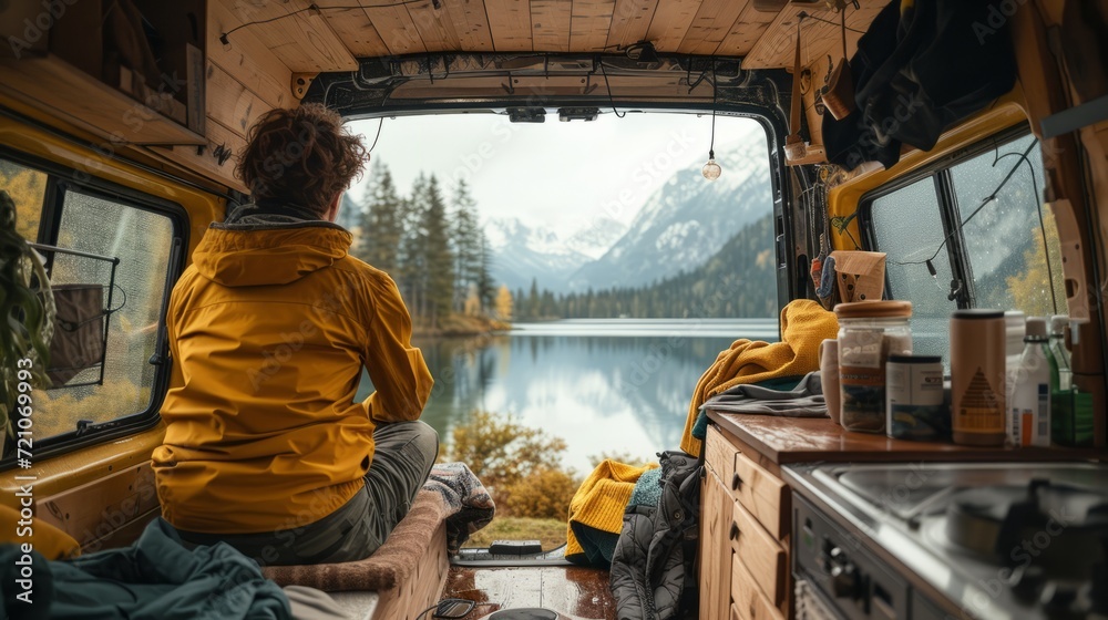 Wall mural tranquil van life scene with person gazing at a serene mountain lake from a cozy camper interior. pe