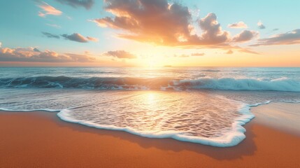 Serene beach sunrise with soft waves, golden sand, and vibrant sky for tranquil designs.