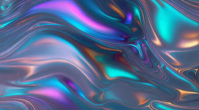 Abstract background with iridescent waves blue, purple, and green.The colors are metallic and shiny
