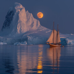 Sail boat with white sails cruising among ice bergs during dusk in front of a full moon. Greenland