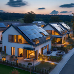 Newly build houses with solar panels attached on the roof during sunset, Close up of new building with black solar panels. Zonnepanelen, Zonne energie, Translation: Solar panel, , Sun Energy - obrazy, fototapety, plakaty
