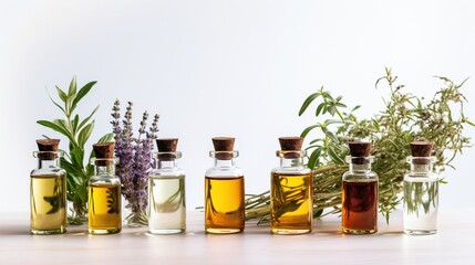Small bottles with essential oils, herbs and spices. Still life with natural medicines . Oils for spa, massage and treatment centers. The concept of wellness and a healthy lifestyle.