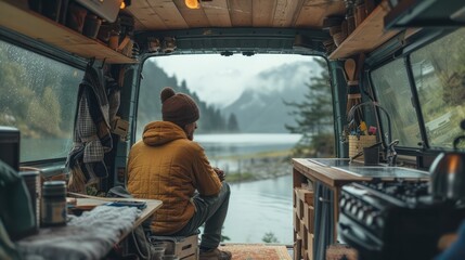 Fototapeta na wymiar Tranquil van life scene with person gazing at a serene mountain lake from a cozy camper interior. Perfect for adventure and travel themes.