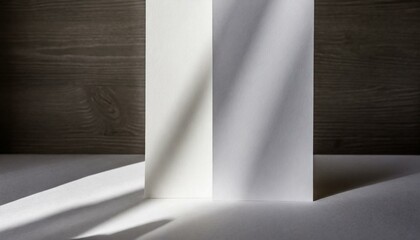  delicate interplay of light and shadows on two vertical sheets of textured white paper, elegantly laid on a soft gray table background, architecture interior   ,background with texture