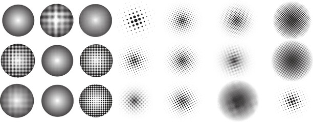 Gradient halftone dots set and black color pop art design element texture pattern background collection