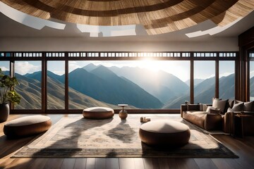 Fototapeta premium A serene meditation room inspired by Tibetan aesthetics, with a neutral color palette, plush floor cushions, and a breathtaking view of a mountainous landscape.