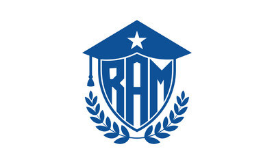RAM three letter iconic academic logo design vector template. monogram, abstract, school, college, university, graduation cap symbol logo, shield, model, institute, educational, coaching canter, tech