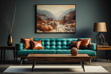 Picture the soothing ambiance of a living space featuring brown and teal sofas and a wooden table. Visualize an empty frame on the wall.