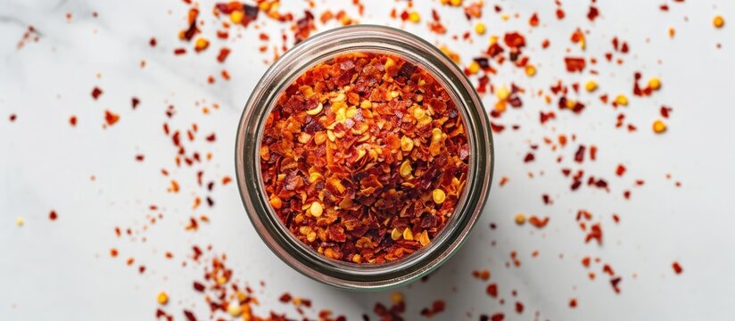 Ground red pepper flakes in a jar on a white table, seen from above.