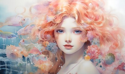 a girl painted in watercolors of various pastel colors