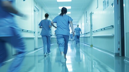 Photography of hospital staff running in rush in hospital hall , Medical Emergency