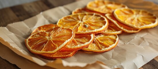 Homemade dehydrated orange slices in a Kraft paper package