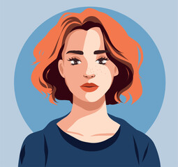 Portrait of an avatar of a red-haired girl with freckles. Hairstyle. Avatar for social networks. Vector flat illustration on a delicate background