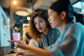 Focused female colleagues working together on a project using a computer in a vibrant office space.