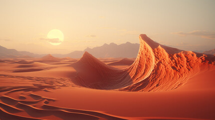 In the surreal desert landscape, undulating dunes stretch endlessly beneath a sky painted in dreamlike hues, creating an otherworldly panorama of arid beauty. Shadows play across the surreal terrain,  - obrazy, fototapety, plakaty